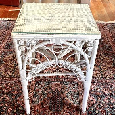 Lot 202 Ornate Wicker Side Table Glass Top 28" x 17" x17"