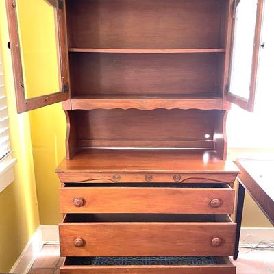 Lot 204 Vintage Maple Hutch Glass Doors 3 Drawers 2pcs