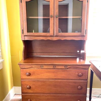 Lot 204 Vintage Maple Hutch Glass Doors 3 Drawers 2pcs