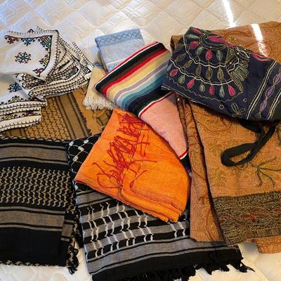 Lot 215 Assorted Ethnic Textiles Shawls Scarfs Napkins Hand Towels Bedspread