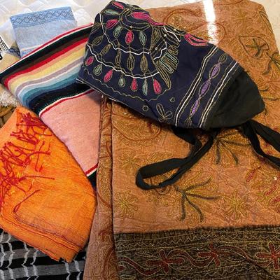 Lot 215 Assorted Ethnic Textiles Shawls Scarfs Napkins Hand Towels Bedspread
