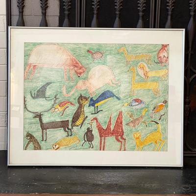 Lot 219 Whimsical Animal Picture Framed Under Glass Signed & Dated
