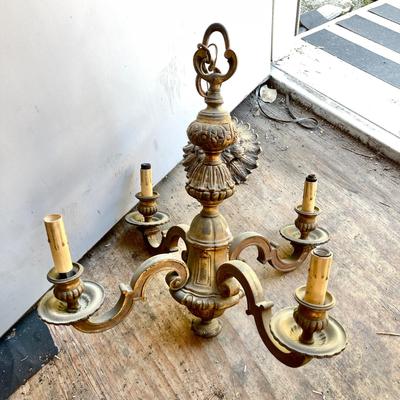 Lot 225 Antique 4 Arm Hanging Chandelier Brass Finish Faux Candles 19" tall x 20 across Short Chain