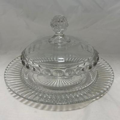 -18- Large Clear Clear Glass | Etched Covered Butter Dish