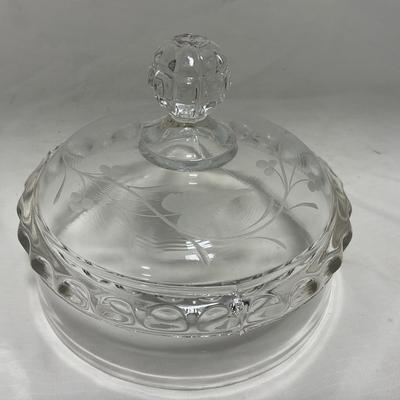-18- Large Clear Clear Glass | Etched Covered Butter Dish