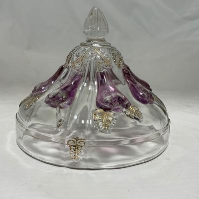-32- Clear Glass Amethyst and Gold | Eggplant Design | Covered Butter Dish