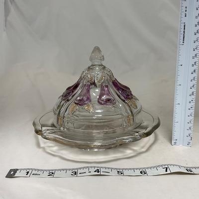 -32- Clear Glass Amethyst and Gold | Eggplant Design | Covered Butter Dish