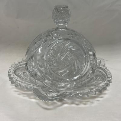 -36- Large Clear Cut Glass Set | Cruet | Sugar & Creamer | Lidded Jar | Covered Butter Dish