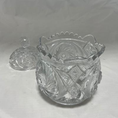 -36- Large Clear Cut Glass Set | Cruet | Sugar & Creamer | Lidded Jar | Covered Butter Dish