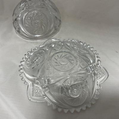 -36- Large Clear Cut Glass Set | Cruet | Sugar & Creamer | Lidded Jar | Covered Butter Dish