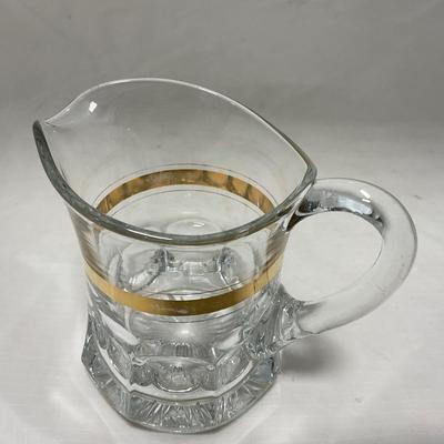 -38- Heavy Clear Glass with Gold Stripe | Covered Butter Dish | Creamer & Glasses