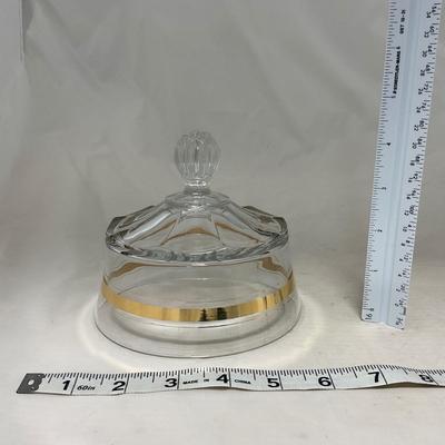 -38- Heavy Clear Glass with Gold Stripe | Covered Butter Dish | Creamer & Glasses