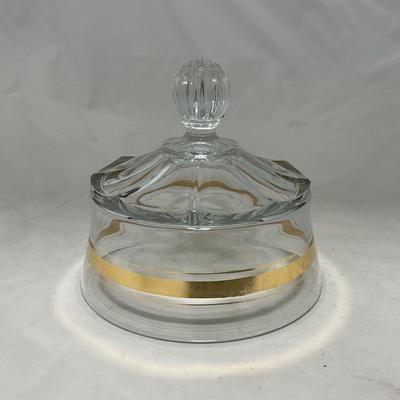 -38- Heavy Clear Glass with Gold Stripe | Covered Butter Dish | Creamer & Glasses