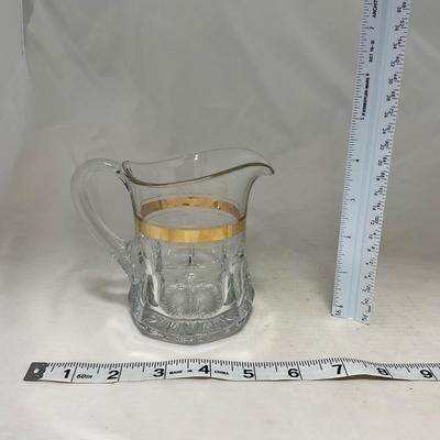 -38- Heavy Clear Glass with Gold Stripe | Covered Butter Dish | Creamer & Glasses