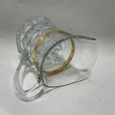 -38- Heavy Clear Glass with Gold Stripe | Covered Butter Dish | Creamer & Glasses
