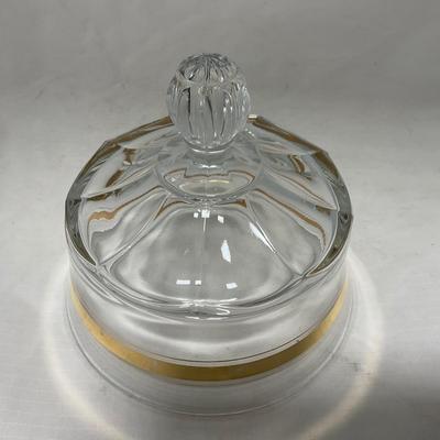 -38- Heavy Clear Glass with Gold Stripe | Covered Butter Dish | Creamer & Glasses