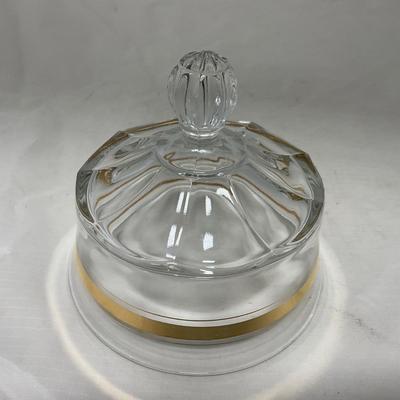 -38- Heavy Clear Glass with Gold Stripe | Covered Butter Dish | Creamer & Glasses