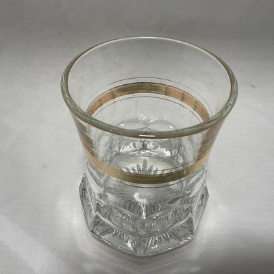-38- Heavy Clear Glass with Gold Stripe | Covered Butter Dish | Creamer & Glasses