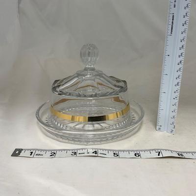 -38- Heavy Clear Glass with Gold Stripe | Covered Butter Dish | Creamer & Glasses