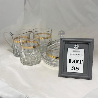 -38- Heavy Clear Glass with Gold Stripe | Covered Butter Dish | Creamer & Glasses
