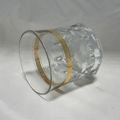 -38- Heavy Clear Glass with Gold Stripe | Covered Butter Dish | Creamer & Glasses