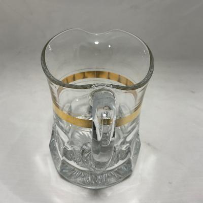 -38- Heavy Clear Glass with Gold Stripe | Covered Butter Dish | Creamer & Glasses