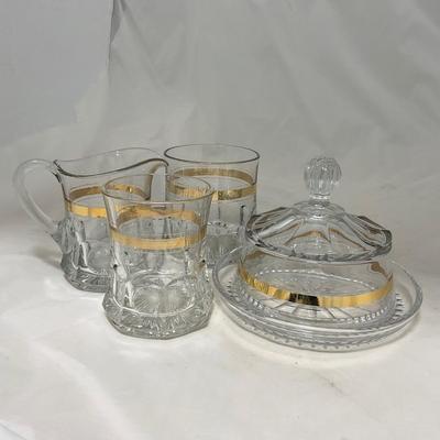 -38- Heavy Clear Glass with Gold Stripe | Covered Butter Dish | Creamer & Glasses