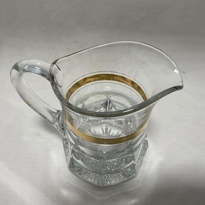 -38- Heavy Clear Glass with Gold Stripe | Covered Butter Dish | Creamer & Glasses