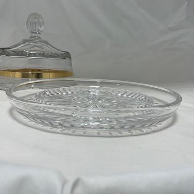 -38- Heavy Clear Glass with Gold Stripe | Covered Butter Dish | Creamer & Glasses