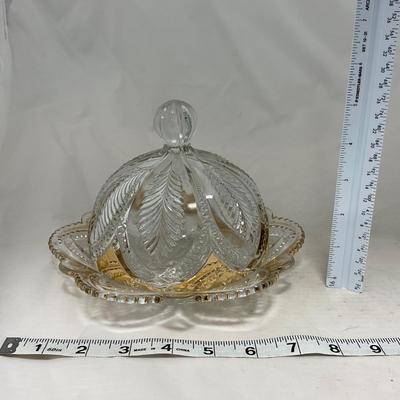 -39- Clear with Gold Accents | Covered Butter Dish | Creamer and Sugar