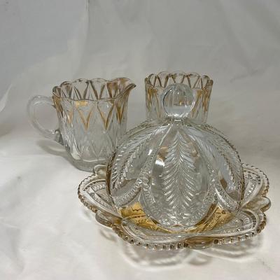 -39- Clear with Gold Accents | Covered Butter Dish | Creamer and Sugar