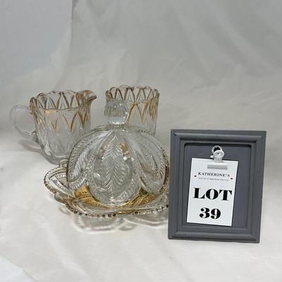 -39- Clear with Gold Accents | Covered Butter Dish | Creamer and Sugar