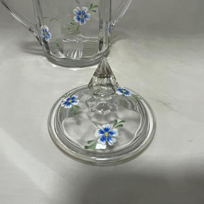 -40- Clear Glass and Hand Painted Blue Flowers | Covered Butter Dish | Covered Sugar