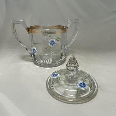 -40- Clear Glass and Hand Painted Blue Flowers | Covered Butter Dish | Covered Sugar