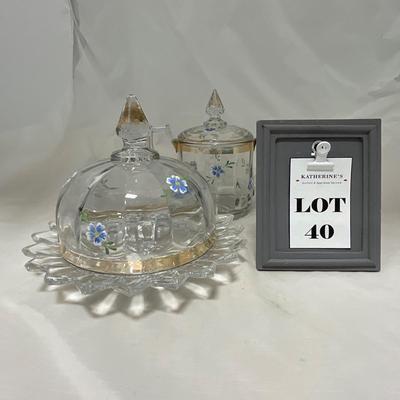-40- Clear Glass and Hand Painted Blue Flowers | Covered Butter Dish | Covered Sugar