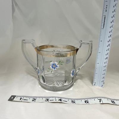 -40- Clear Glass and Hand Painted Blue Flowers | Covered Butter Dish | Covered Sugar