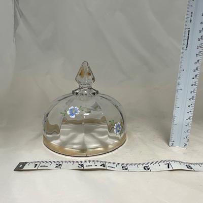 -40- Clear Glass and Hand Painted Blue Flowers | Covered Butter Dish | Covered Sugar