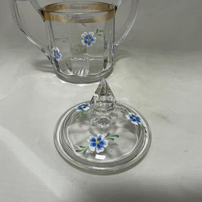 -40- Clear Glass and Hand Painted Blue Flowers | Covered Butter Dish | Covered Sugar