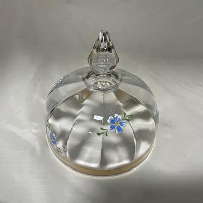 -40- Clear Glass and Hand Painted Blue Flowers | Covered Butter Dish | Covered Sugar