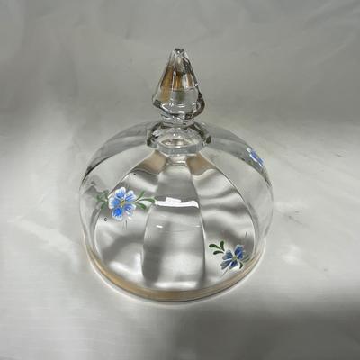 -40- Clear Glass and Hand Painted Blue Flowers | Covered Butter Dish | Covered Sugar