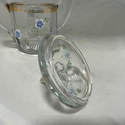 -40- Clear Glass and Hand Painted Blue Flowers | Covered Butter Dish | Covered Sugar