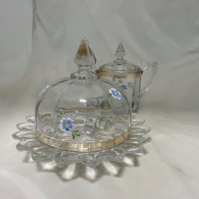 -40- Clear Glass and Hand Painted Blue Flowers | Covered Butter Dish | Covered Sugar