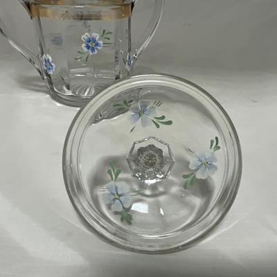 -40- Clear Glass and Hand Painted Blue Flowers | Covered Butter Dish | Covered Sugar