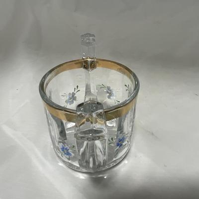 -40- Clear Glass and Hand Painted Blue Flowers | Covered Butter Dish | Covered Sugar