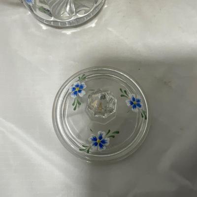 -40- Clear Glass and Hand Painted Blue Flowers | Covered Butter Dish | Covered Sugar