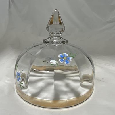-40- Clear Glass and Hand Painted Blue Flowers | Covered Butter Dish | Covered Sugar