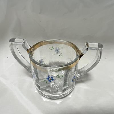 -40- Clear Glass and Hand Painted Blue Flowers | Covered Butter Dish | Covered Sugar