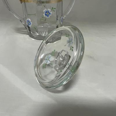 -40- Clear Glass and Hand Painted Blue Flowers | Covered Butter Dish | Covered Sugar