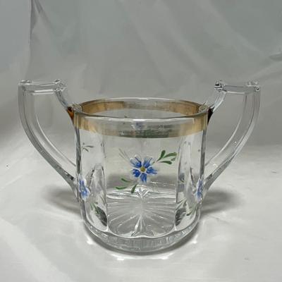 -40- Clear Glass and Hand Painted Blue Flowers | Covered Butter Dish | Covered Sugar