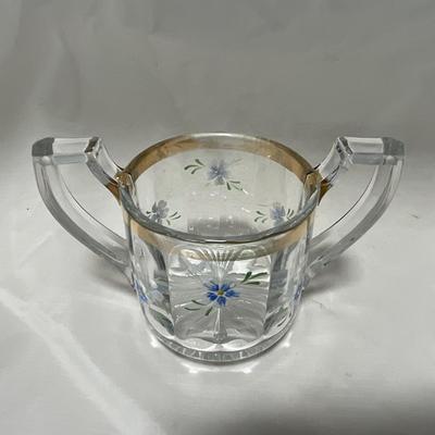 -40- Clear Glass and Hand Painted Blue Flowers | Covered Butter Dish | Covered Sugar